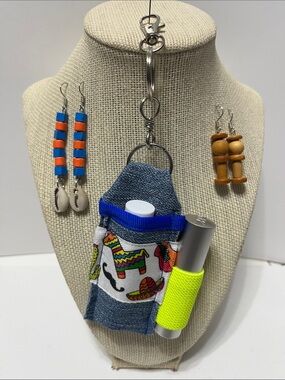 Gift Set Mexican Denim Double Lip Balm Holder Keychain Purse Charm 2 pr Earrings
